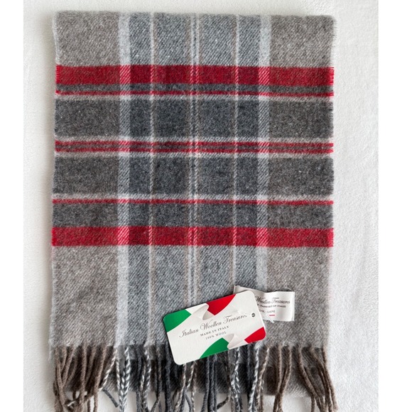 NWT Italian Woolen Treasures 100% Wool Scarf Gray Red Stripes Fringe Unisex - Picture 6 of 7